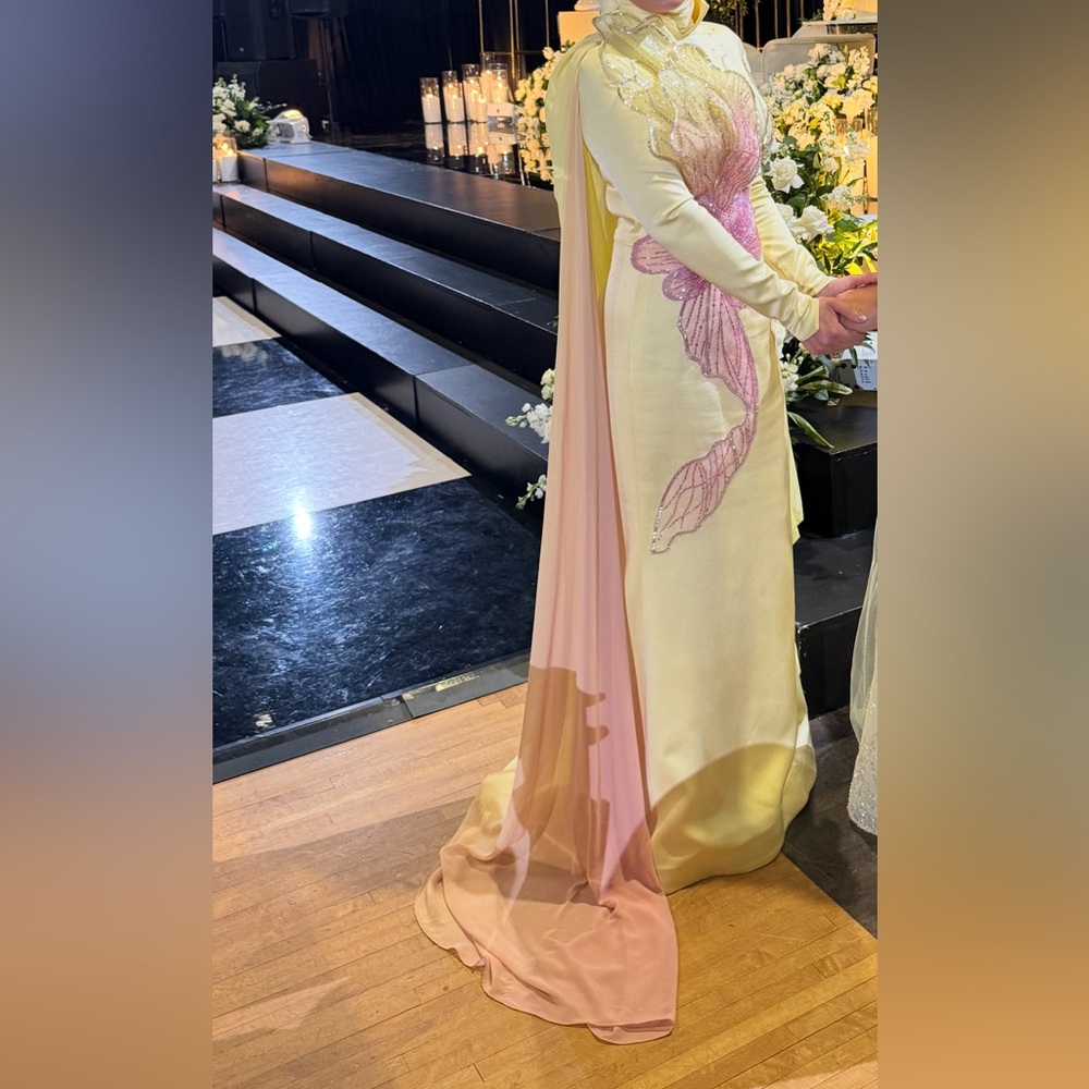 Elegant Long Sleeve Dress with Pink and Cream Floral Accents